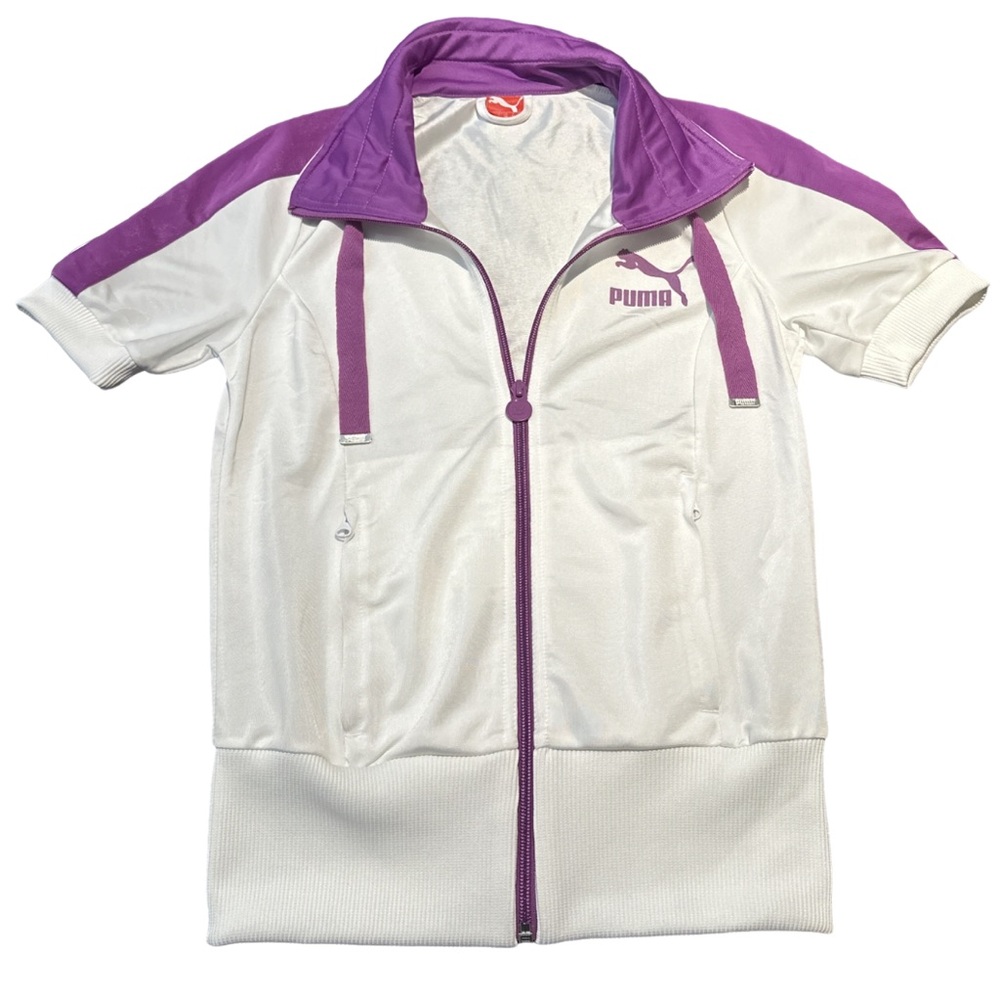 Y2K PUMA vintage women's white/purple shortsleeve athletic jacket/vest, size XS.